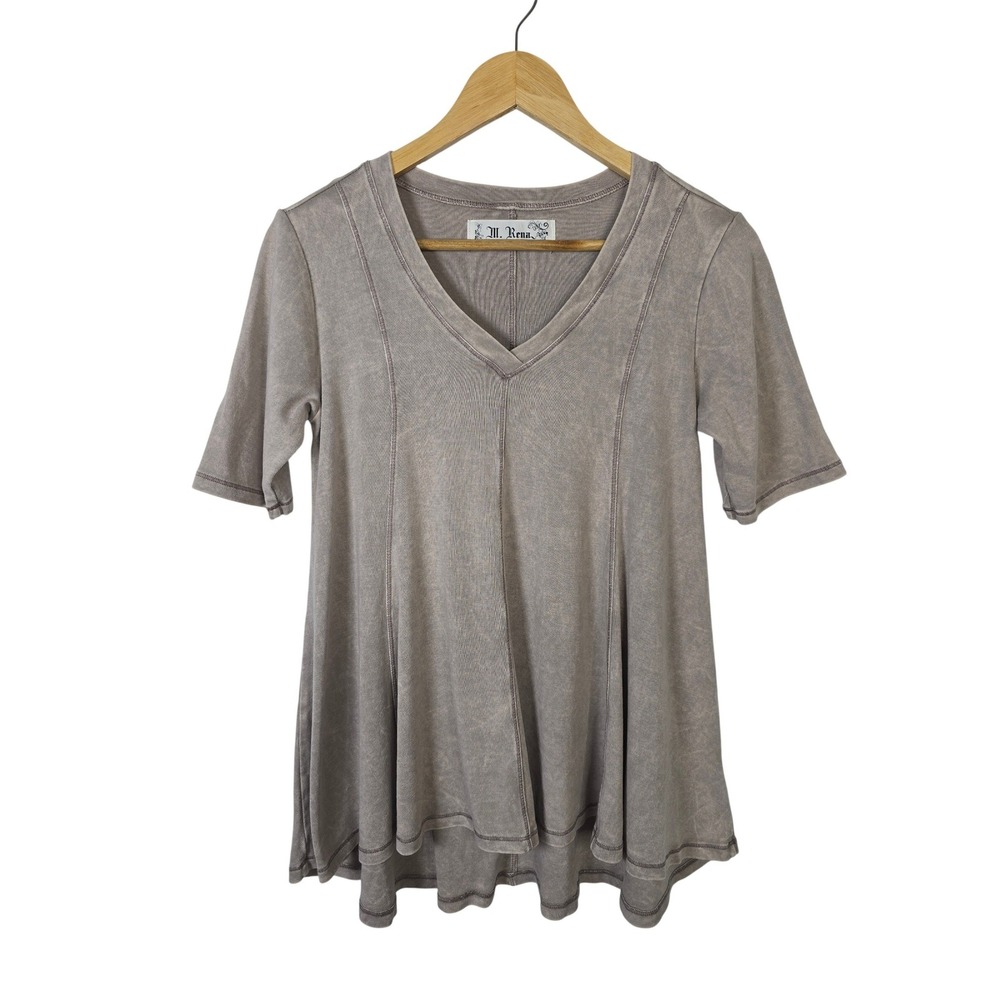 M. Rena Womens Small Taupe Acid Wash V-Neck Fit Flare Tunic Top Made‎ in USA